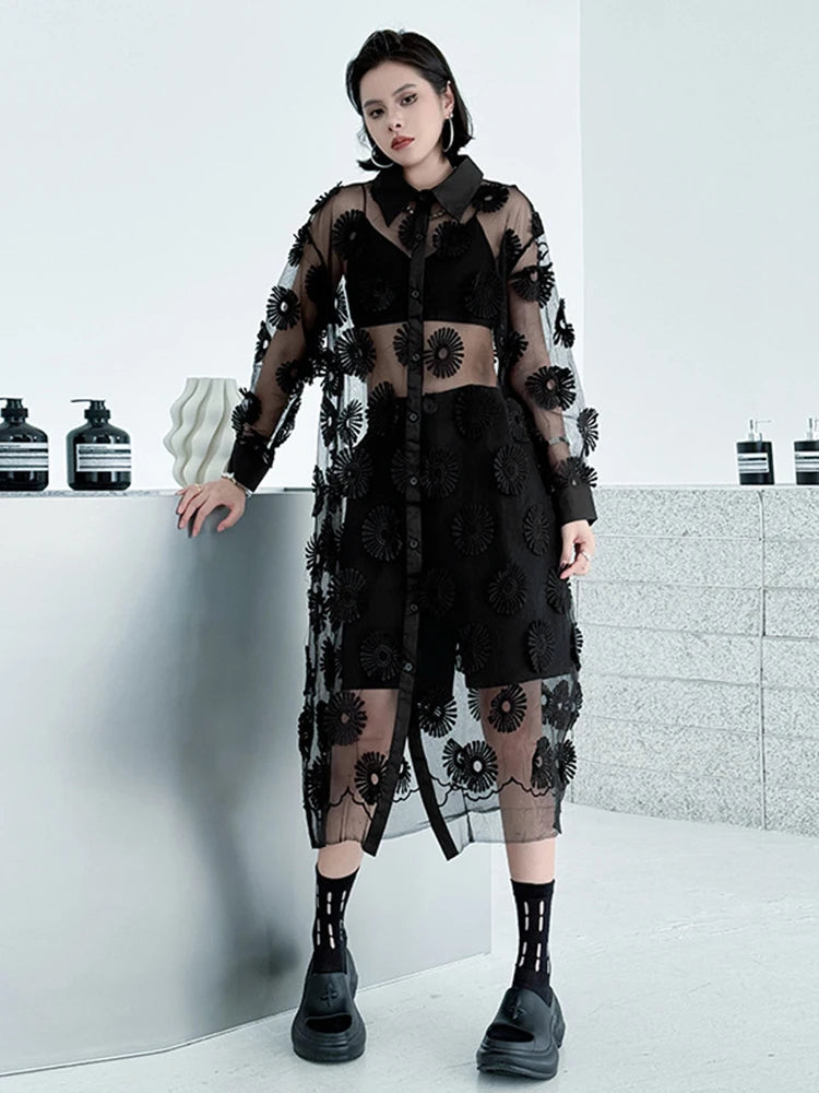 Women Black Mesh Embroidery Perspective Big Size Shirt Dress New Lapel Long Sleeve Fashion Spring Summer 2025 1DJ1154