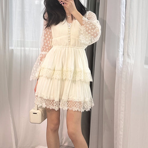 Load image into Gallery viewer, Patchwork Lace Dresses For Women V Neck Long Sleeve High Waist Elegant Slimming Solid Dress Female Fashion Clothing
