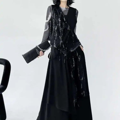 Load image into Gallery viewer, Big Size Irregular Vest Sequins Wide Leg Pants Two Piece Suit New V-Neck Sleeveless Women Fashion Tide Spring Autumn 2025
