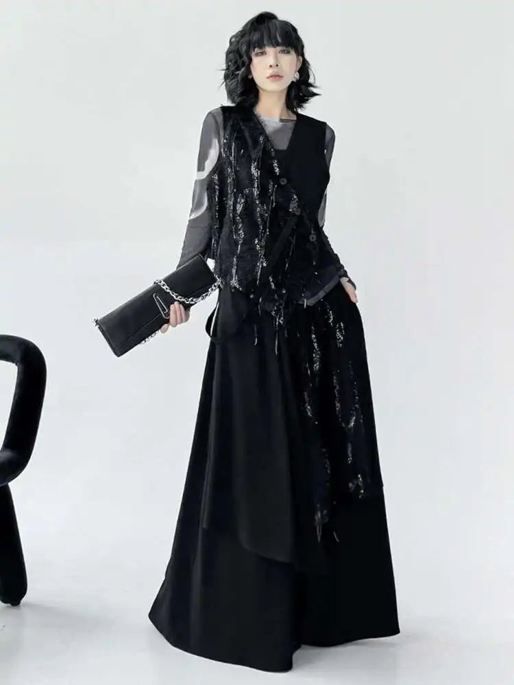 Big Size Irregular Vest Sequins Wide Leg Pants Two Piece Suit New V-Neck Sleeveless Women Fashion Tide Spring Autumn 2025