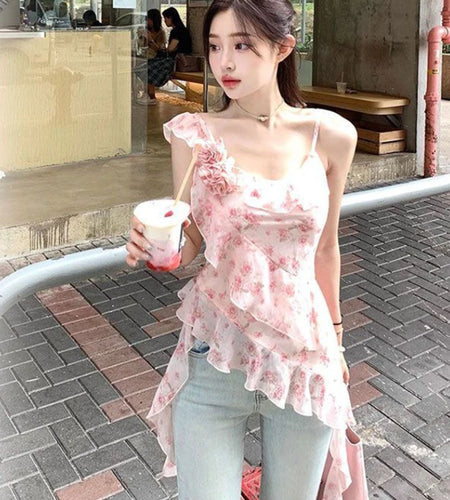 2025 Shirts for Women Irregular Ruffles Tshirt Y2k Aesthetic One Shoulder Print Tops Summer Harajuku 3D Flower Grunge T-shirts