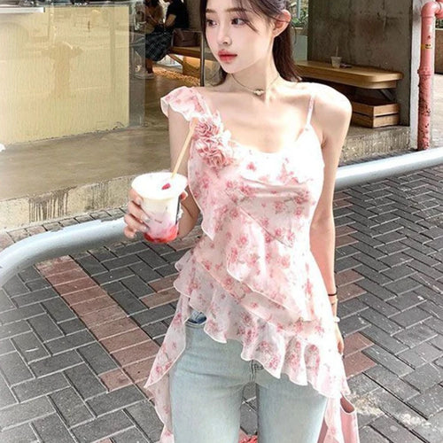 Load image into Gallery viewer, 2025 Shirts for Women Irregular Ruffles Tshirt Y2k Aesthetic One Shoulder Print Tops Summer Harajuku 3D Flower Grunge T-shirts
