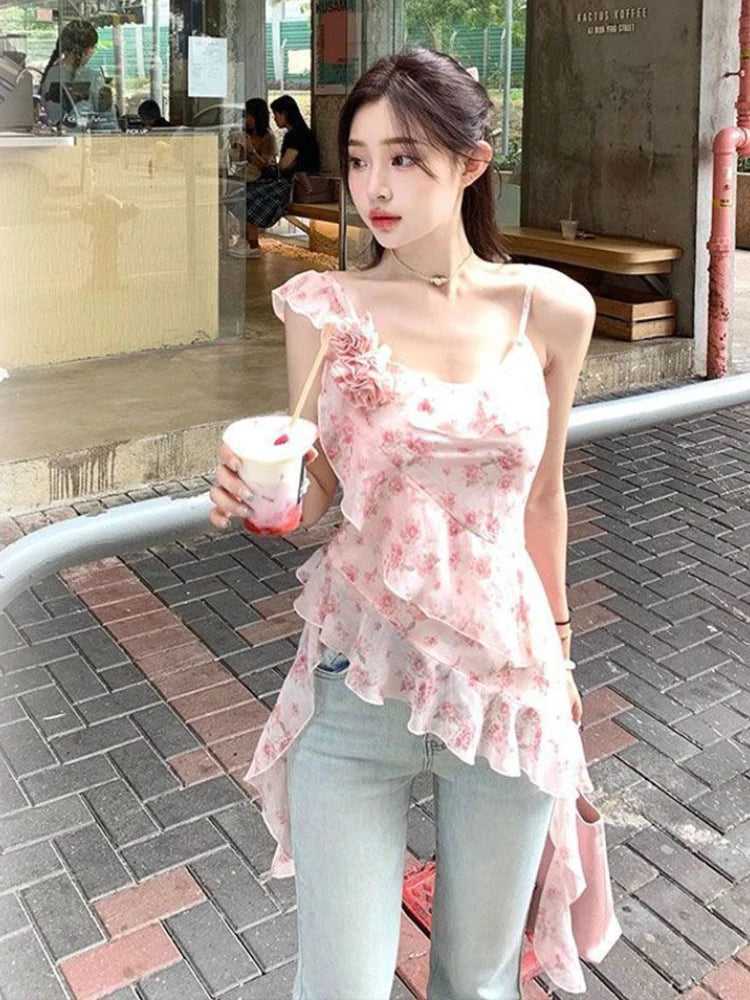 2025 Shirts for Women Irregular Ruffles Tshirt Y2k Aesthetic One Shoulder Print Tops Summer Harajuku 3D Flower Grunge T-shirts