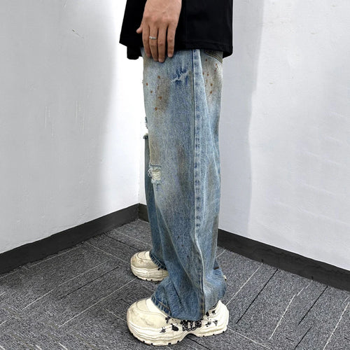 Load image into Gallery viewer, Men's Jeans New Summer Dirty Simple Straight Wide Leg Trendy Worn-out Pesonality Hole Male Loose Denim Pants 9W1862
