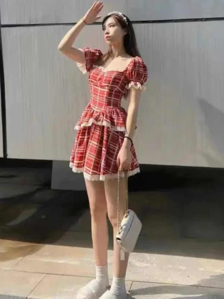 Sweet Kawaii Lolita Dress Plaid Strip Cute Princess Vintage Elegant Party Lace Mini Short Dresses Puff Sleeve