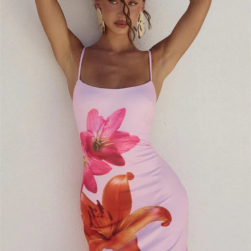 Load image into Gallery viewer, Floreal Print Long Dress For Women Gown Summer New Spaghetti Strap Sleeveless Backless Bodycon Sexy Midi Dress Elegant
