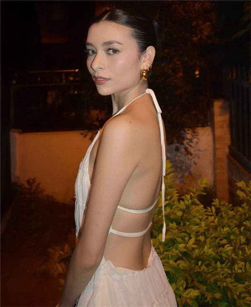 Halter Backless Sexy Maxi Dress For Women Spring Summer New Lace-up Sleeveless Pleated Beach Holiday Long Dress Elegant