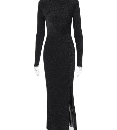 Women Fashion Shine Black Long Sleeve Shoulder Pads Slit Sexy Bodycon Maxi Dress Autumn Winter Outfits Party Festival