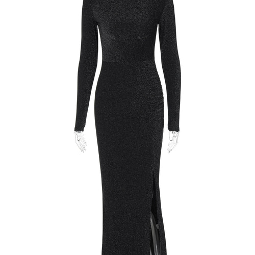 Load image into Gallery viewer, Women Fashion Shine Black Long Sleeve Shoulder Pads Slit Sexy Bodycon Maxi Dress Autumn Winter Outfits Party Festival

