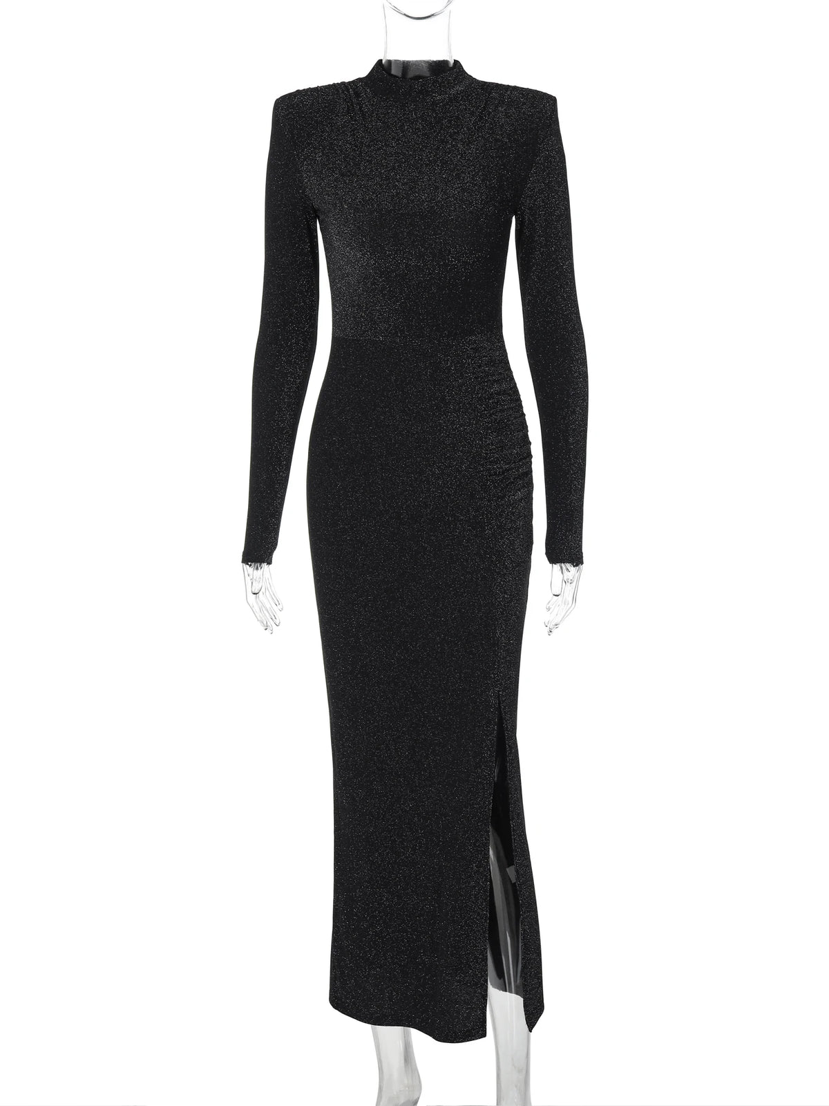 Women Fashion Shine Black Long Sleeve Shoulder Pads Slit Sexy Bodycon Maxi Dress Autumn Winter Outfits Party Festival