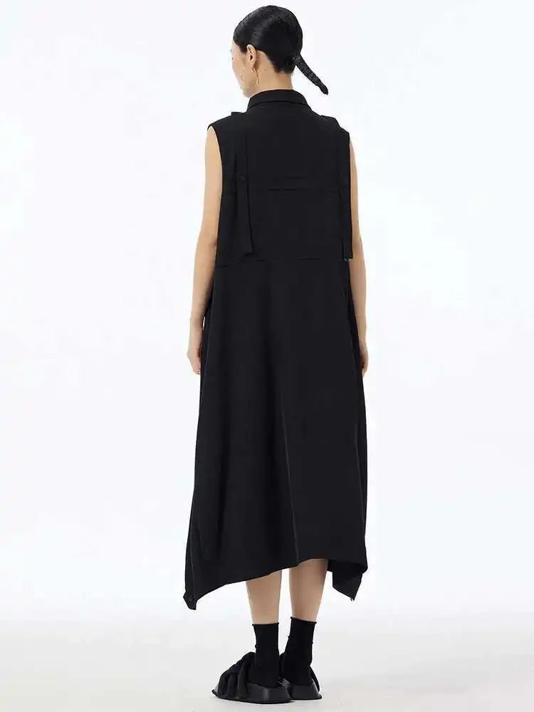 Women Army Green Button Big Size Midi Casual Shirt Dress New Lapel Sleeveless Fashion Tide Spring Summer 2025  1DH6614