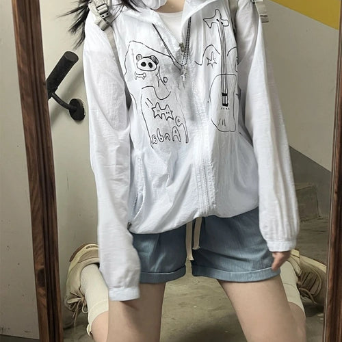 Load image into Gallery viewer, Outdoor Sun Protection Y2k Aesthetic Cartoon Jackets Women Grunge Thin Simple Hooded Coat Streetwear Casual Zipper Femme Tops
