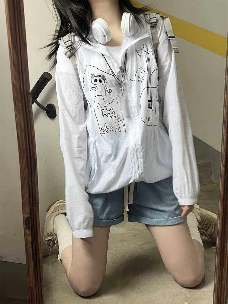 Outdoor Sun Protection Y2k Aesthetic Cartoon Jackets Women Grunge Thin Simple Hooded Coat Streetwear Casual Zipper Femme Tops