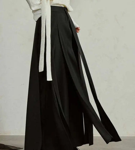 High Waist Ribbons Black Pleated Long Casual Wide Leg Pants New Trousers Women Fashion Tide Spring Autumn 2025 1DH4237
