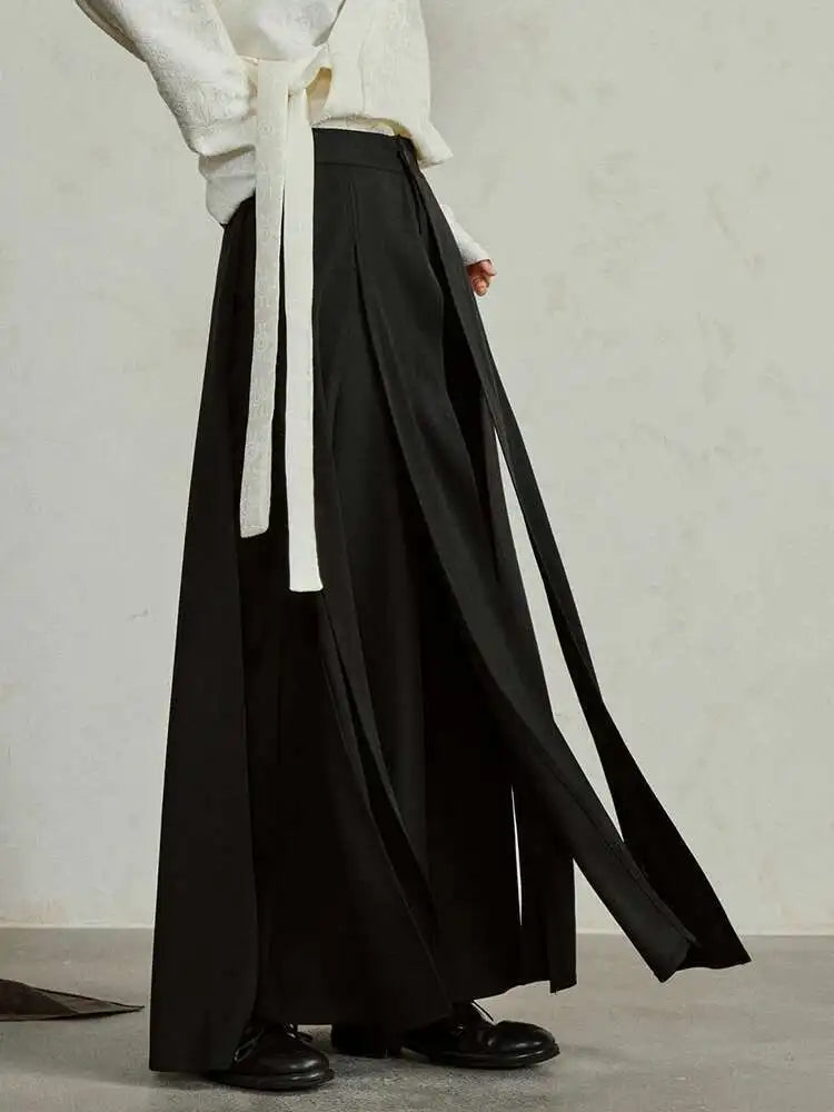 High Waist Ribbons Black Pleated Long Casual Wide Leg Pants New Trousers Women Fashion Tide Spring Autumn 2025 1DH4237