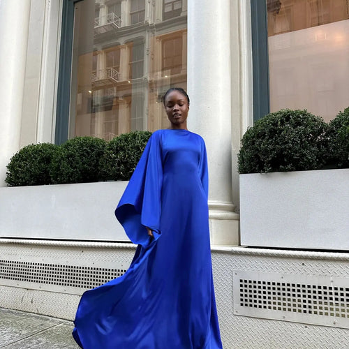 Load image into Gallery viewer, Fashion Satin Long Sleeved Large Opening Long Dress Women Slim Round Neck Robe Dress Female Elegant Party Evening Dress
