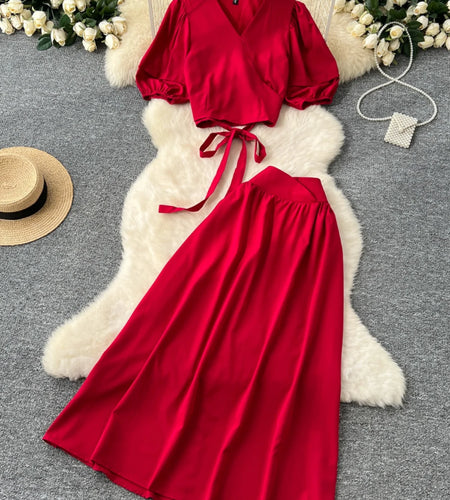 Summer Women's Solid Elegant V-neck Short Sleeved Bow Bandage Top And High Waist Pleated Long Skirt French Two-piece Set Popular