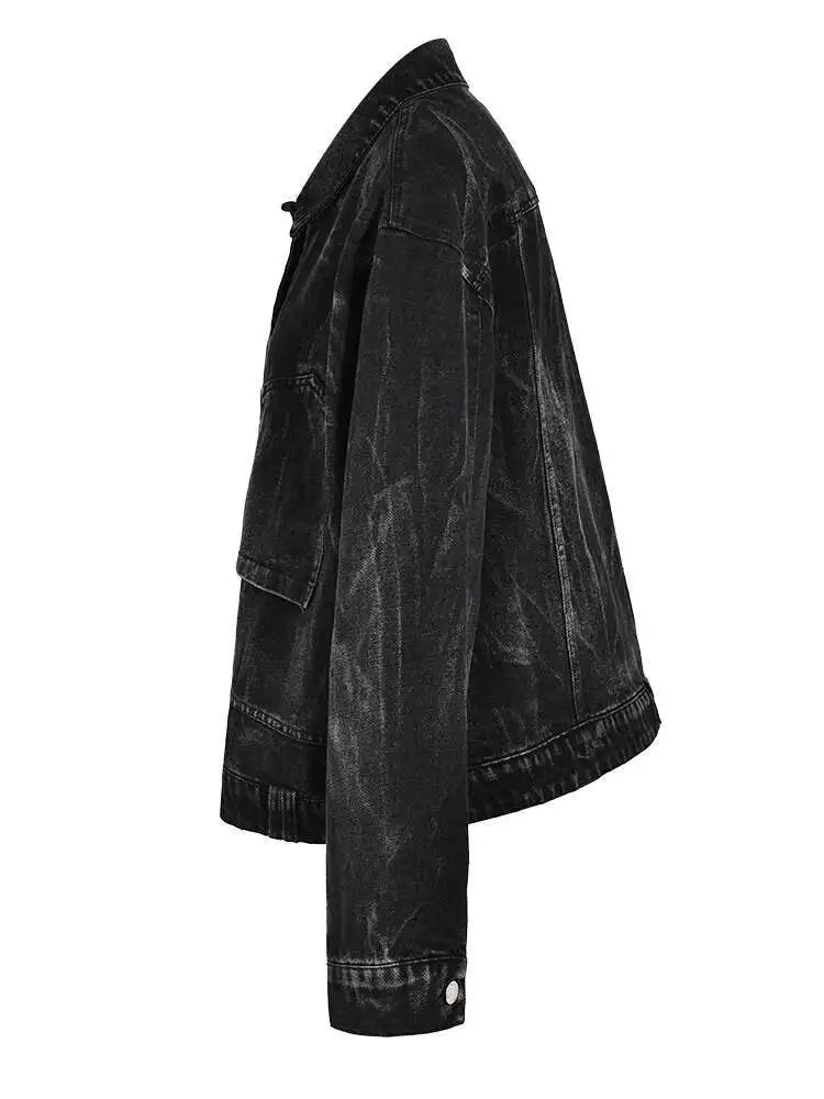 Loose Fit Black Denim Pocket Big Size Casual Jacket New Lapel Long Sleeve Women Coat Fashion Spring Autumn 2025 CPG0026