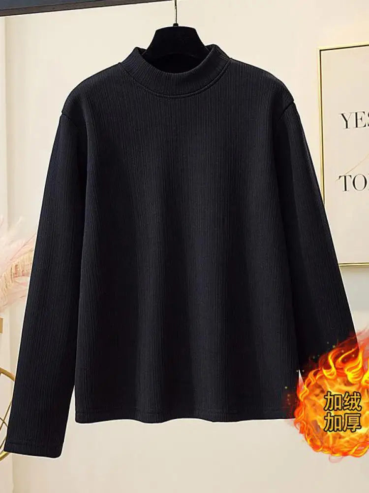Korean Version New Black Brown Velvet Cotton Round Neck T Shirt Autumn Winter Women Yellow Slim Long Sleeve Plus Size Tops Thick