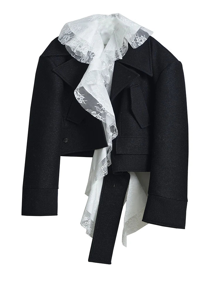 Black Lace Big Size Short Irregular Woolen Coat New Lapel Long Sleeve Women Jacket Fashion Tide Autumn Winter 2025 1DH7518