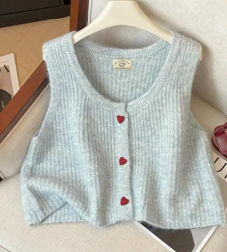 Simple Solid Knitted Vest For Women Fashion Autumn Winter New Single Breasted Cardigan Round Neck Short Sweater Chic Ladies Tops
