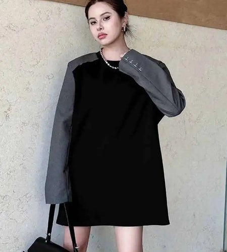 Women Black Color-block Blazer Fabric Elegant Mini Dress New Round Neck Long Sleeve Fashion Spring Autumn 2025 1DH9822
