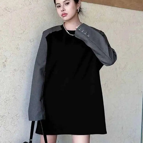Load image into Gallery viewer, Women Black Color-block Blazer Fabric Elegant Mini Dress New Round Neck Long Sleeve Fashion Spring Autumn 2025 1DH9822
