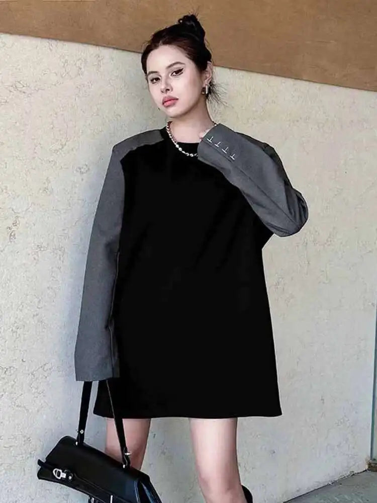 Women Black Color-block Blazer Fabric Elegant Mini Dress New Round Neck Long Sleeve Fashion Spring Autumn 2025 1DH9822