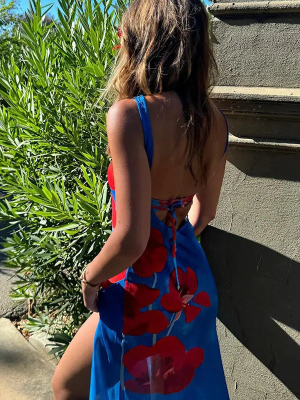 Fashion Sexy Open Back Printed Dress 2024 Summer New Women Split Slim Sleeveless Long Dress Elegant Beach Party Clothing