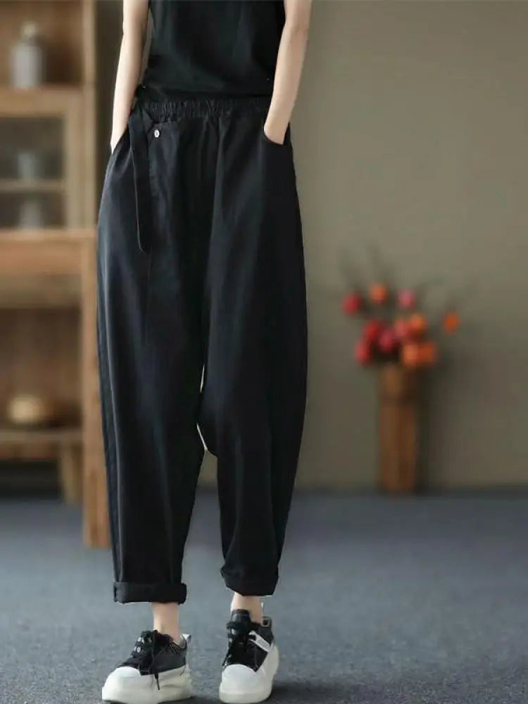 Korean Version Women Black Beige High Waist Versatile Pleated Pant Spring Summer Brown Loose Holiday Ankle-length Haren Trousers