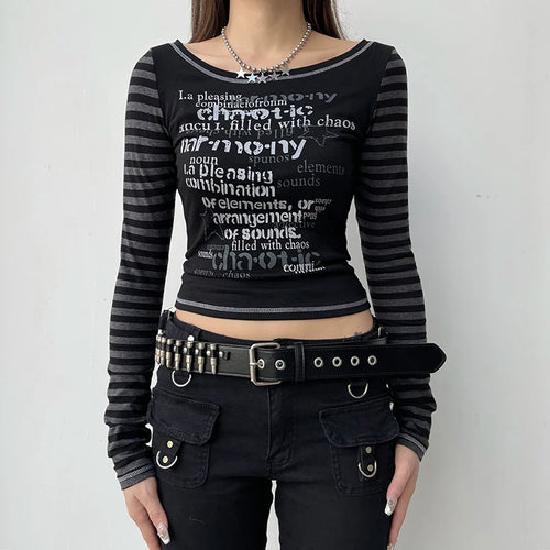 Load image into Gallery viewer, Halloween Stripe Letter Printed Female T-shirt Slim Stitch Bodycon Long Sleeve Crop Tops Gothic Dark Harajuku Tee
