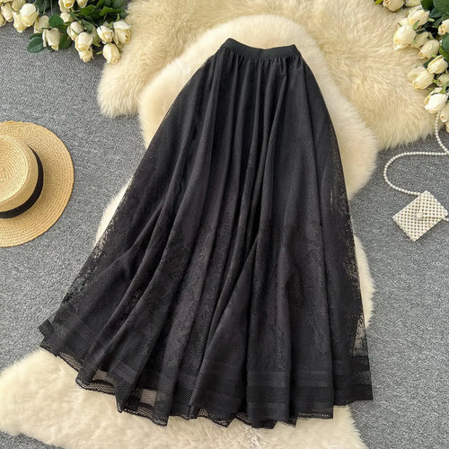 Load image into Gallery viewer, Vintage Elegant Women Black White Mesh High Waist Vacation Long Skirt Autumn Winter New Brown Pleated A-line Short Skirt Popular
