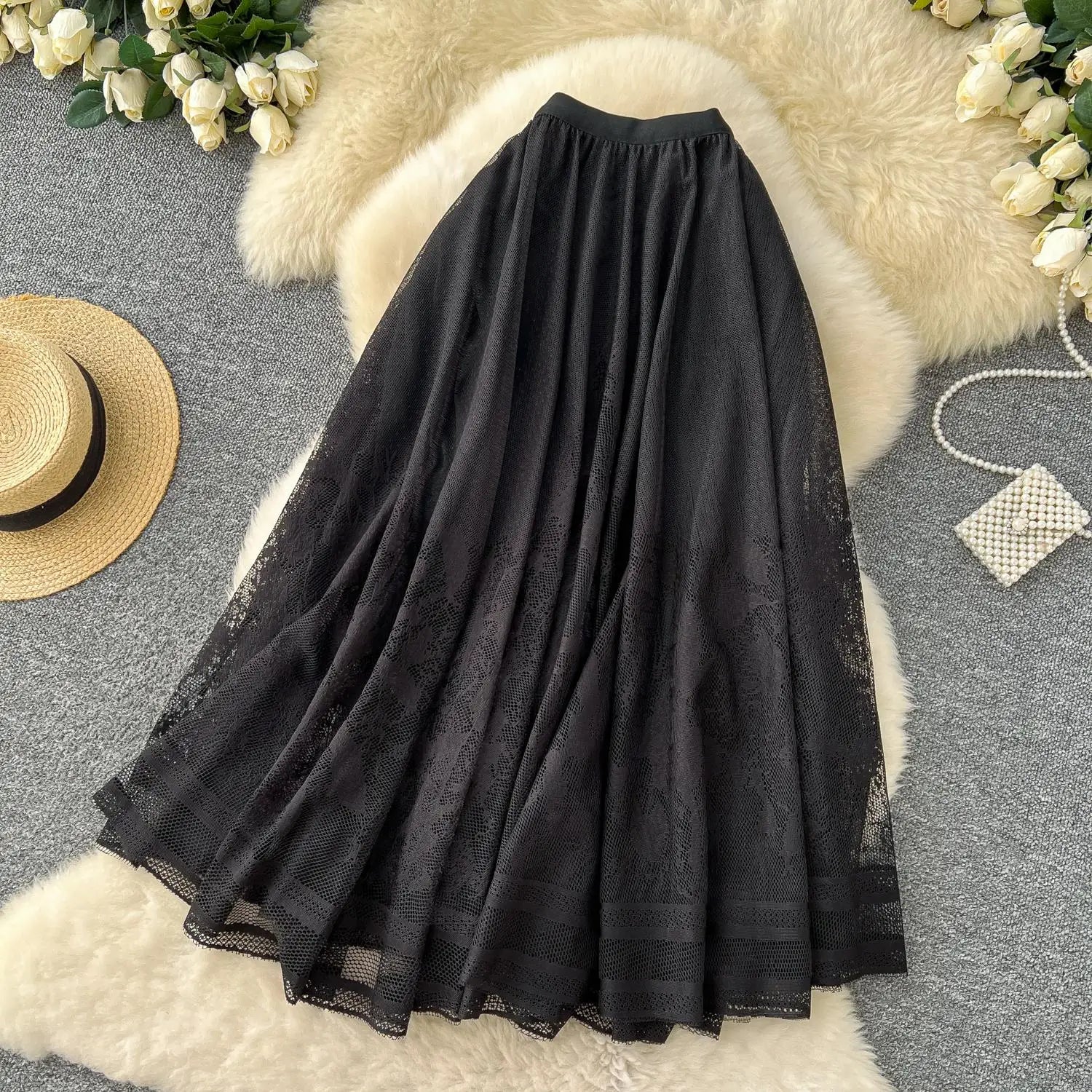 Vintage Elegant Women Black White Mesh High Waist Vacation Long Skirt Autumn Winter New Brown Pleated A-line Short Skirt Popular