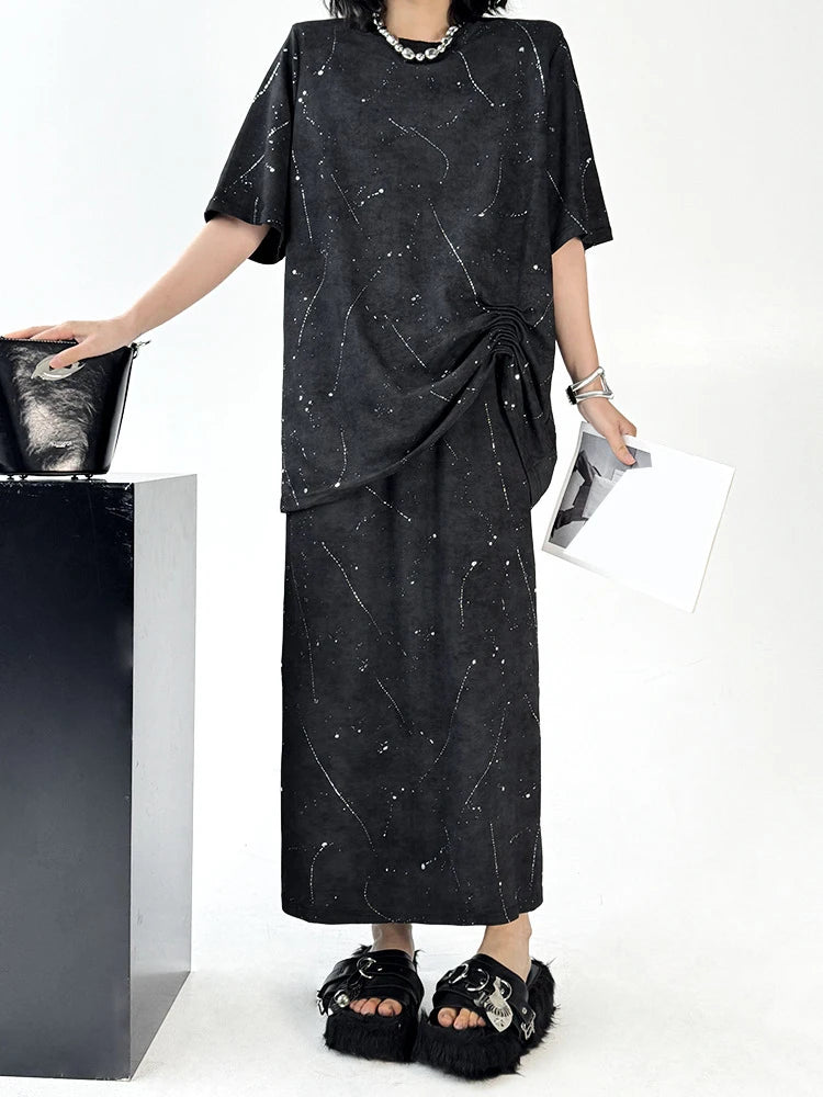 Printed Pleated T-shirt Skirt Two Pieces Suit New Round Neck Short Sleeve Women Fashion Tide Spring Summer 2025 1DJ1161