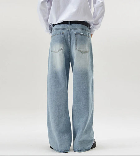 Summer Mens Jeans Vintage Distressed Straight Wide Leg Baggy Denim Pants Streetwear New Fashion Men Trousers Spring 9W1547