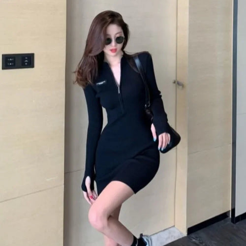 Load image into Gallery viewer, Knitted Black Dress for Women Sexy Bodycon Wrap Slim Short Dresses Party Fashion Korean Kpop Autumn Outfits
