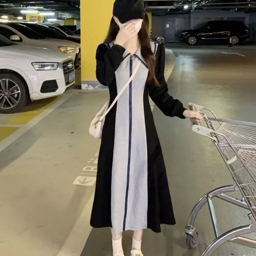 Load image into Gallery viewer, Korean Style Kpop Polo Oversize Dress Women School Casual Sport Long Sleeve Zip Midi Dresses Design Autumn Fashion
