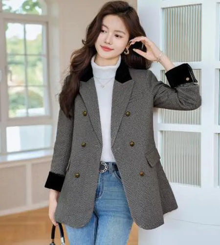 Vintage Women Autumn Winter Pink Patchwork Blazer Jacket Khaki Double Breaste Office Ladies Long Sleeve Tops Coat Clothing New