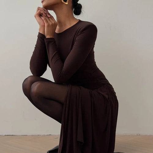 Load image into Gallery viewer, Long Sleeve Draped Ruched Sexy Maxi Dress For Women Gown Fashion Solid O Neck Bodycon Club Elegant Mini Dress Vestido

