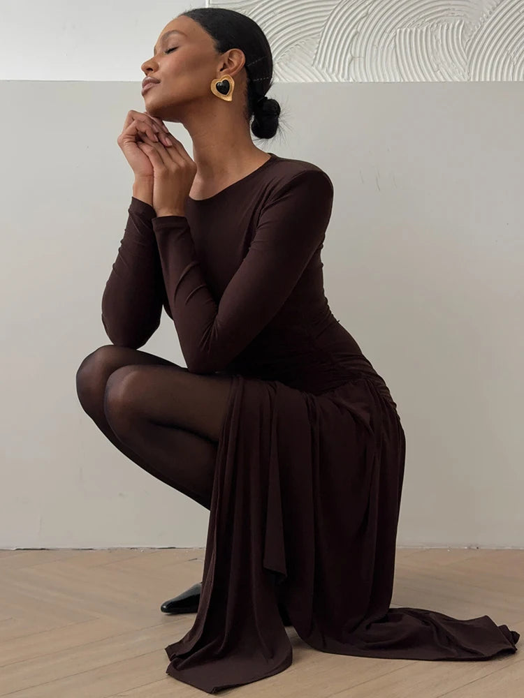 Long Sleeve Draped Ruched Sexy Maxi Dress For Women Gown Fashion Solid O Neck Bodycon Club Elegant Mini Dress Vestido