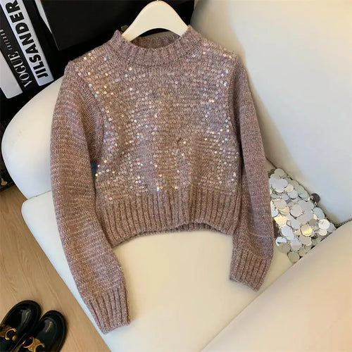 Load image into Gallery viewer, French Solid Sequins Knitted Sweater Women Autumn Winter 2023 New Fashion Long Sleeve O Neck Short Pullover Tops Casual Vintage
