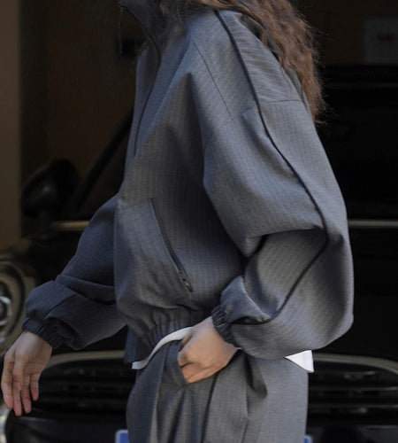 Navy Blue Striped Drawstring Big Size Jacket New Stand Collar Long Sleeve Women Coat Fashion Spring Autumn 2025 1DH7261