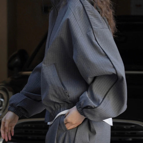 Load image into Gallery viewer, Navy Blue Striped Drawstring Big Size Jacket New Stand Collar Long Sleeve Women Coat Fashion Spring Autumn 2025 1DH7261
