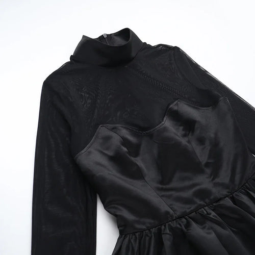 Load image into Gallery viewer, Turtleneck Sheer Long Sleeve Sexy Mini Dress For Women Black See Through High Waist A-line Club Party Dress Elegant
