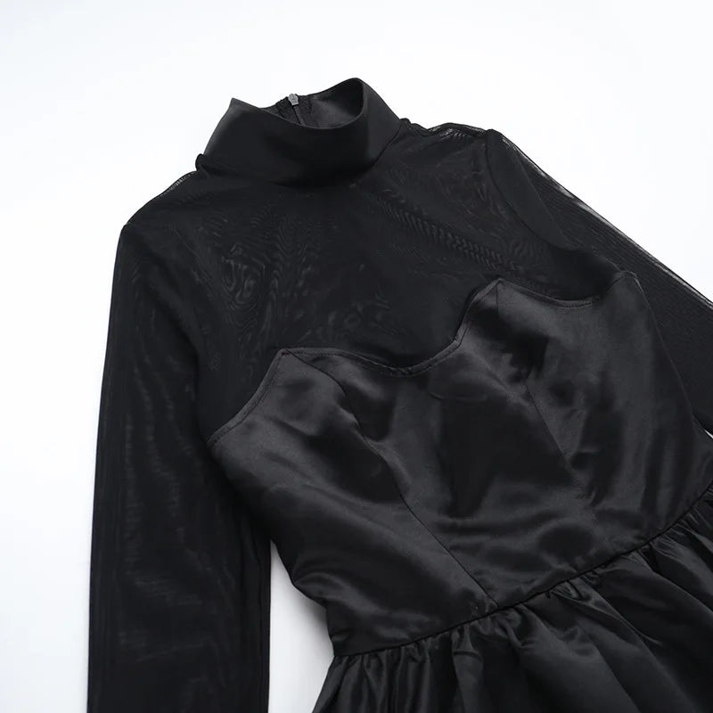 Turtleneck Sheer Long Sleeve Sexy Mini Dress For Women Black See Through High Waist A-line Club Party Dress Elegant