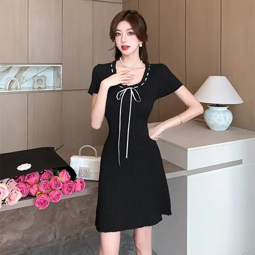 Load image into Gallery viewer, Korean Women's Black Beige Round Neck Knitted Office Lady Short Sleeve Mini Dress Summer Green Lace-up Short Dresses Simplicity
