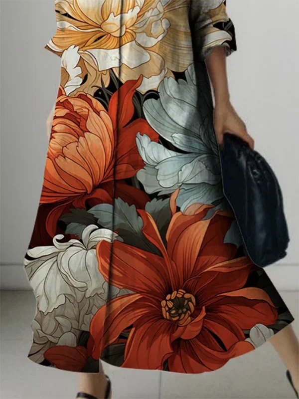 Spring Autumn 2025 New Trendy Flower Print Lapel Maxi Dresses Women Long Sleeves Loose Woman Button-down Shirt Dress