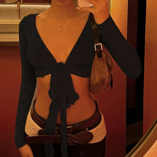 Load image into Gallery viewer, Casual Summer Solid Basic Smock T-shirts Women Tie Up Cardigan Long Sleeve Cropped Tops All Match Skinny Clothes Chic
