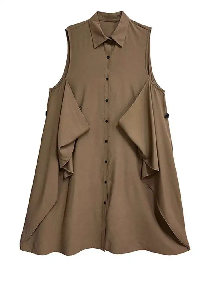 Women Khaki Irregular Spliced Big Size Midi Shirt Dress New Lapel Sleeveless Fashion Tide Spring Summer 2025 1DH9434