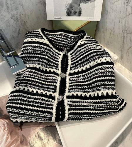 Korean Fashion Knitting Tops White Black Striped Knitted Sweater Hollow Out Women Short Sleeve Cardigan Female 2023  B-056